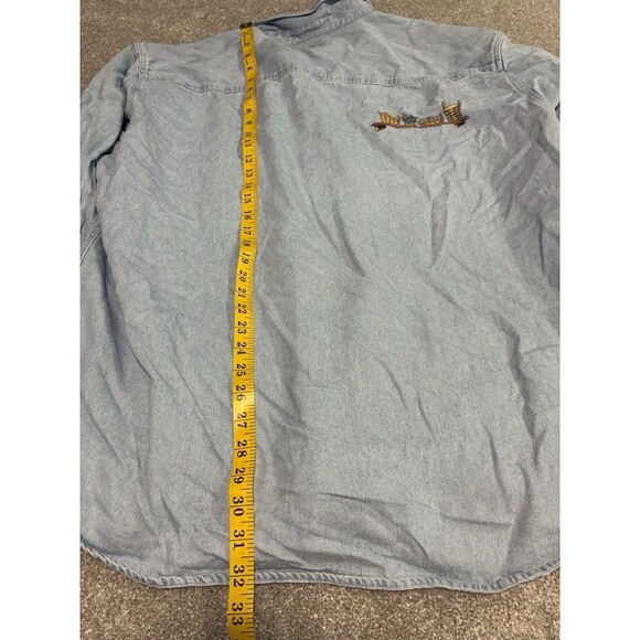 90s Real Good Denim Sport Shirt XL Made in Hong Kong Basket Embroidery Cottage - Picture 7 of 8